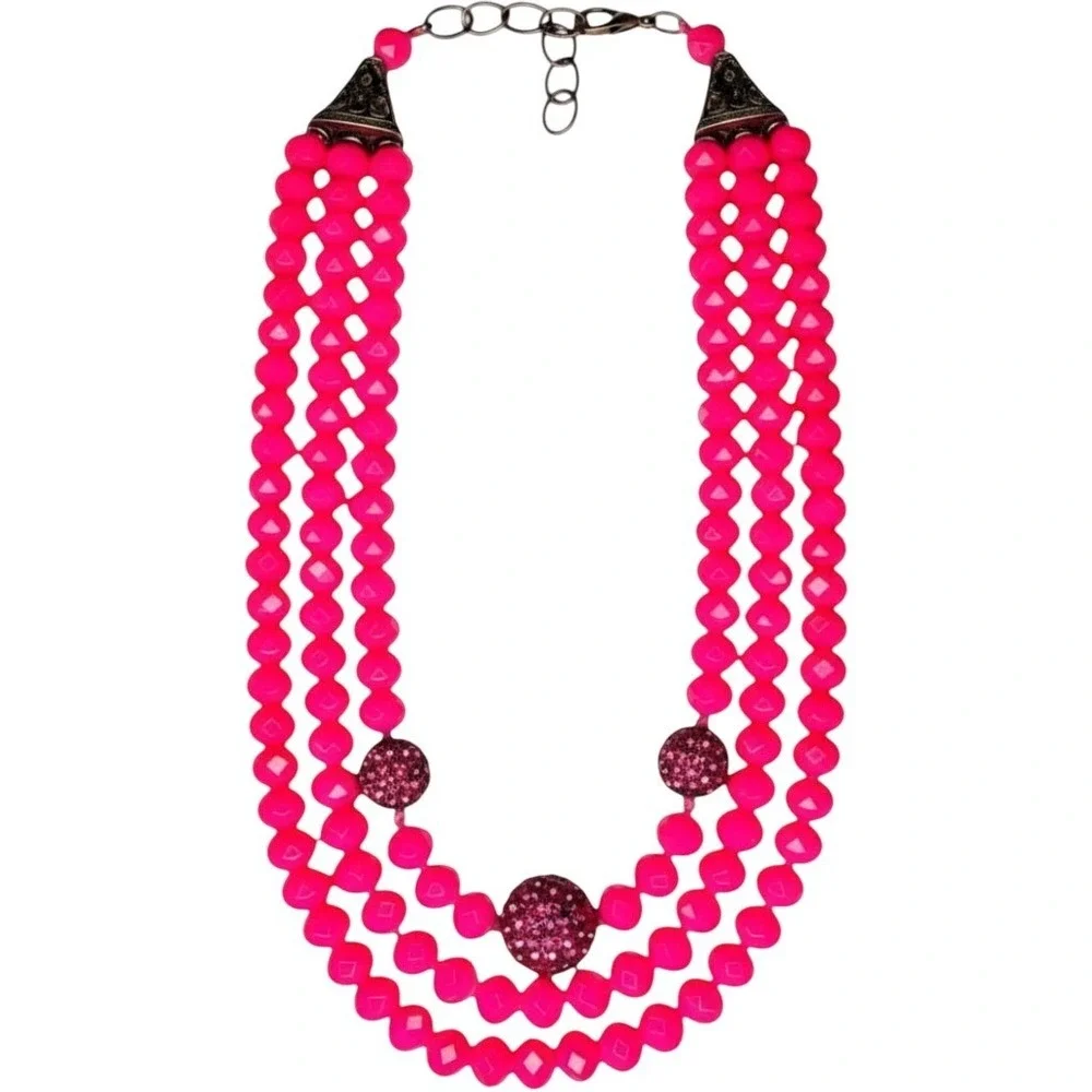 Triple Strand Necklace Womens Hot Pink Beaded Statement Pavé Ball